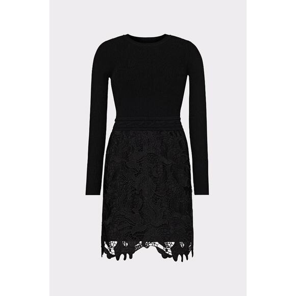 Milly Women's Katie Black Ribbed Knit & Floral Lace Mini Dress Size Large - Picture 1 of 5